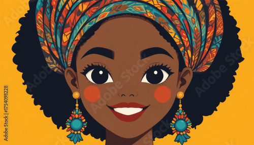 Ai Generate Cute African woman character in modern flat vector style, smiling face, colorful headwrap, traditional jewelry, minimal cartoon illustration Ai Generate .