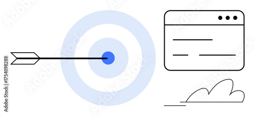 Arrow striking center of target, simple web browser interface, minimalistic cloud. Ideal for strategy, focus, goal setting, planning, precision marketing success smart solutions. Simple flat