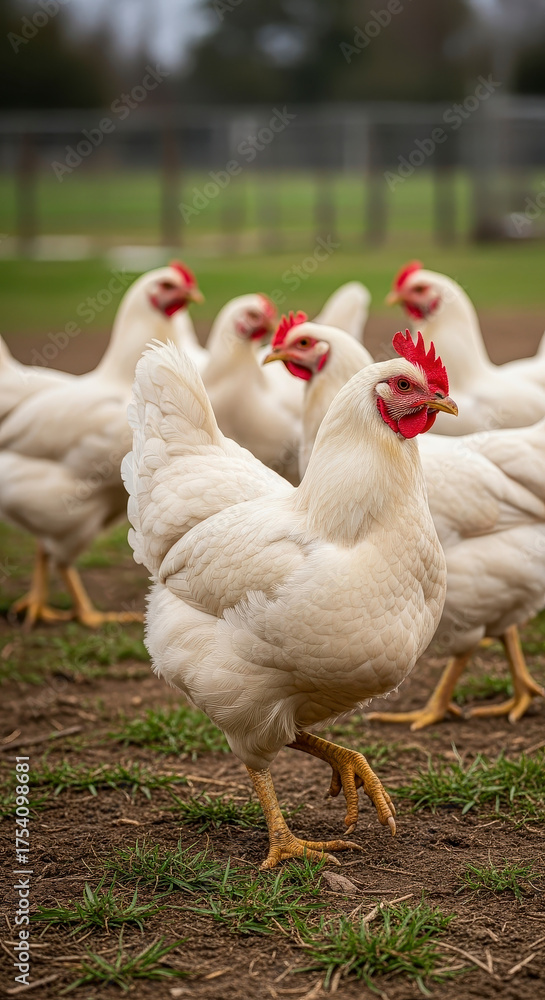 Fototapeta premium White chickens freely roaming on a farm.