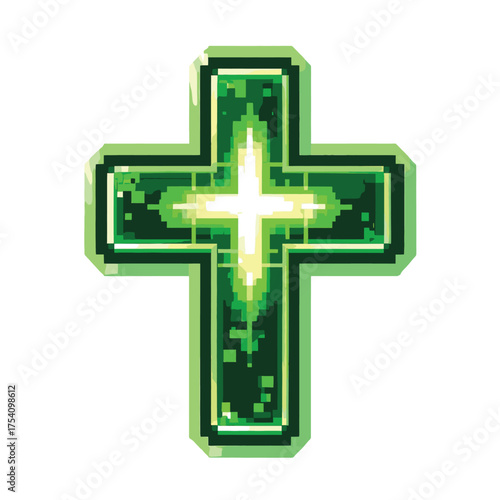 A glowing green pixelated Christian cross with a bright white light emanating from its center.