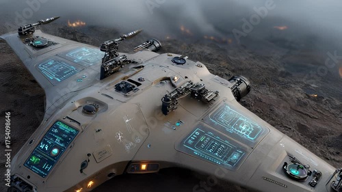 Futuristic Military Drone Aircraft Over a Barren Landscape with Fires Burning in the Distance, Advanced Technology.