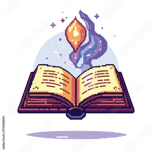 An open spellbook with a glowing gem above it, surrounded by magical smoke and sparkles.