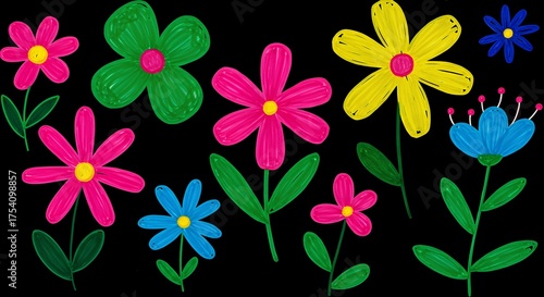 Colorful flowers on a black background, drawn by hand with markers in a style  children's drawings.