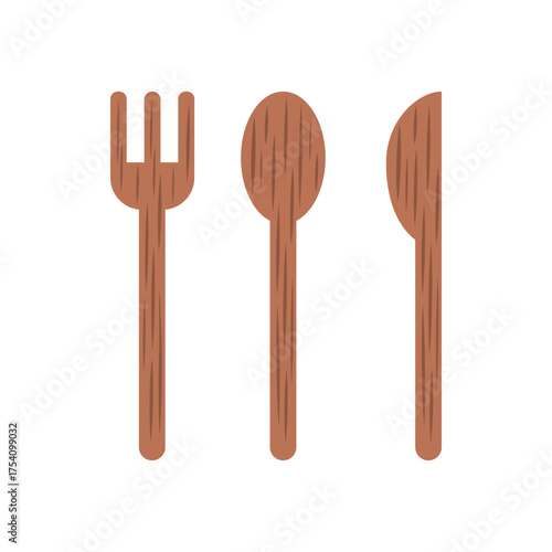 Wooden spoon, fork and knife cutlery set. Utensil, equipment, dining concept. Flat vector design isolated illustration.