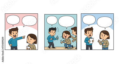 Cartoon storyboard depicting a progression of social interaction, showcasing responsibility and