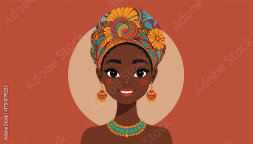 Ai Generate Cute African woman character in modern flat vector style, smiling face, colorful headwrap, traditional jewelry, minimal cartoon illustration Ai Generate .