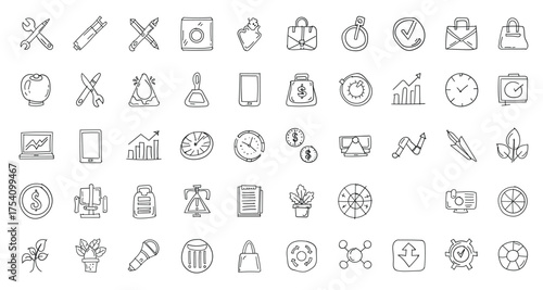 Handdrawn doodle icon set isolated on white background featuring business, finance, and ecommerce elements for website, app, and presentation design