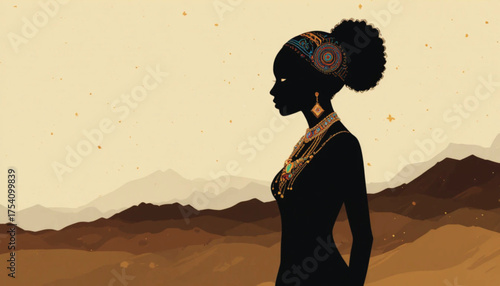 Abstract African woman silhouette with tribal jewelry, gradient colors, elegant line art, decorative fashion concept Ai generate 