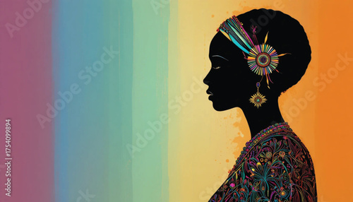 Abstract African woman silhouette with tribal jewelry, gradient colors, elegant line art, decorative fashion concept Ai generate 