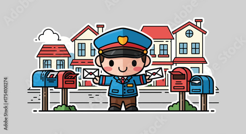 Cute cartoon postman delivers mail to mailboxes on a suburban street, bringing joy and connection to the neighborhood with a cheerful and friendly demeanor.