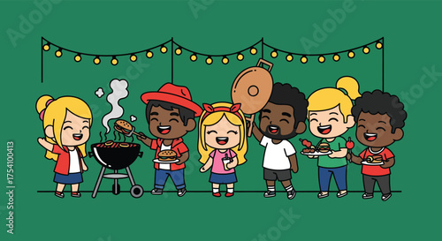 Happy group of friends grilling burgers and enjoying a summer barbecue party in the backyard, creating a cheerful and festive atmosphere.