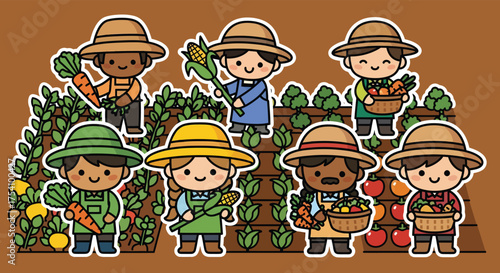 Diverse group of cheerful farmers harvesting fresh vegetables in their garden on a sunny day, showcasing the joy of sustainable agriculture and community spirit.