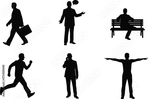 Businessman silhouette vector illustration, people walking, talking, running, sitting, and standing with gestures, office lifestyle concept design