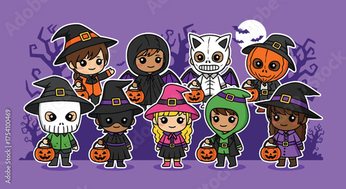 Group of children dressed in halloween costumes holding pumpkin candy buckets standing together on purple spooky night, celebrating the holiday.