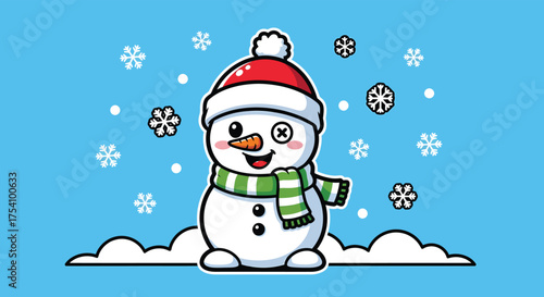 Happy snowman smiling among falling snowflakes on a bright blue winter day, spreading holiday cheer and festive vibes.