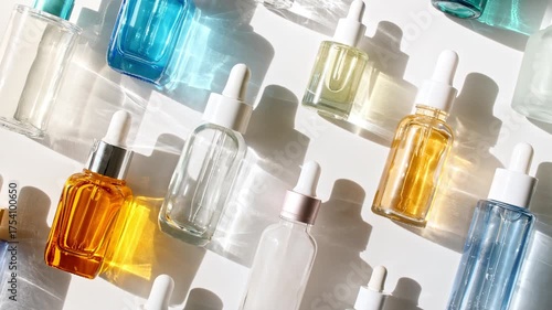 Glass cosmetic bottles with pipette for serum, extract, aromatic, essential oil and emulsion. Cosmetics skincare. Cosmetic spa. Sample of packaging for design, beauty product, advertising. 4k