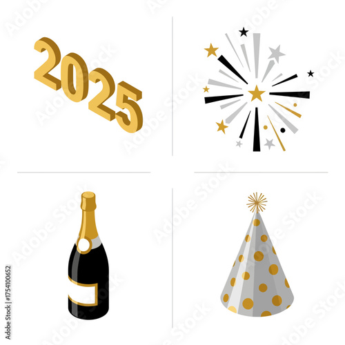 New Year 2025 celebration elements set with champagne bottle and party hat.