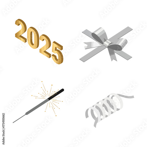 New Year 2025 Celebration Elements Set with Sparkler and Ribbons.