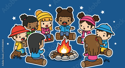 Group of diverse children sitting around a campfire telling stories under the starry night sky, creating a warm and joyful atmosphere.