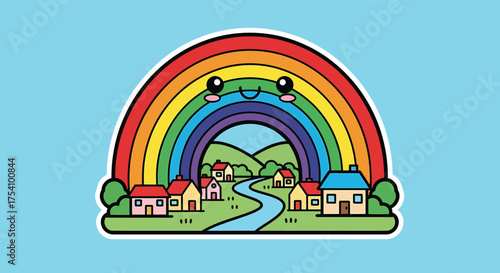 Cartoon rainbow smiles over a peaceful village with colorful houses and a winding river, creating a cheerful and whimsical scene.