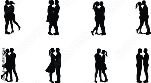 Romantic couple silhouette kissing vector, love relationship illustration, man and woman affection poses, romantic moments collection, passion art design