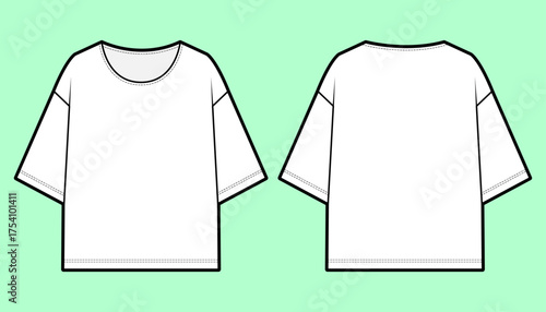 Cropped Oversized T-Shirt Flat Sketch with Drop Shoulders - Front and Back