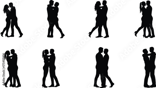 Romantic couple silhouette vector set, hugging and kissing poses, love relationship illustration, man and woman romance art, emotional affection design