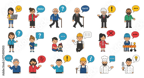 Diverse cartoon characters with communication bubbles representing various professions and