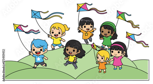 Children joyfully fly colorful kites on grassy hill during a warm spring afternoon, creating a scene of carefree fun and youthful exuberance.
