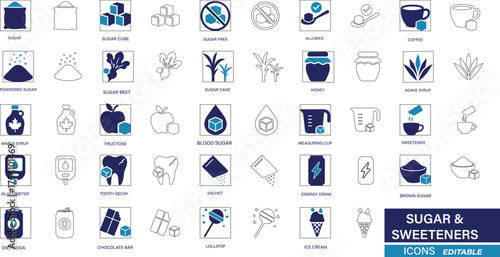 Minimalist Sugar icon set featuring sugar cube, sweetener, honey, syrup, and glucose elements. Thin line editable stroke vector illustration..