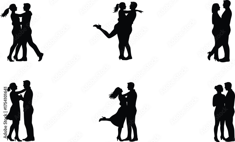 Naklejka premium Romantic couple silhouette set, dancing and hugging poses, love relationship illustration, man and woman romance vector, passion and affectionate artwork
