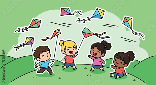 Happy children fly colorful kites in a green field on a windy day, enjoying outdoor activity and having fun together.