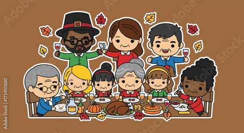 Family gathers around table for thanksgiving dinner, sharing food and drinks in warm, joyful celebration of togetherness and gratitude.