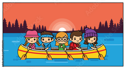 Group of friends paddling a canoe on a calm lake at sunset, enjoying a peaceful outdoor adventure together, creating a sense of camaraderie and tranquility.