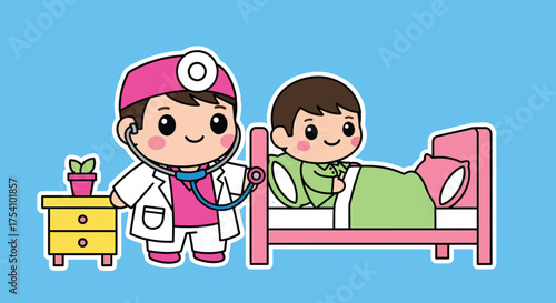 Smiling doctor examining young boy lying in hospital bed with stethoscope during a medical checkup, creating a comforting and reassuring atmosphere.