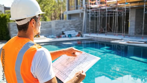 Construction worker reviews blueprints by a pool during new project phase