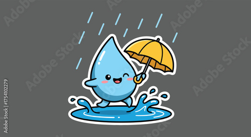 Happy water droplet character walking in a puddle under a yellow umbrella during a rain shower, creating a cheerful and whimsical scene.