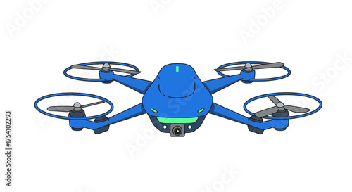 A blue drone with four propellers hovers on a white background