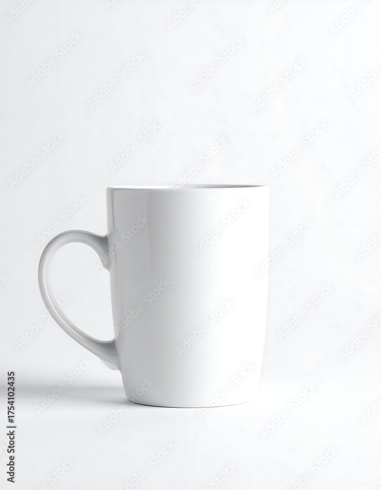 Obraz premium A white ceramic mug with a curved handle, set against a clean, bright white backdrop