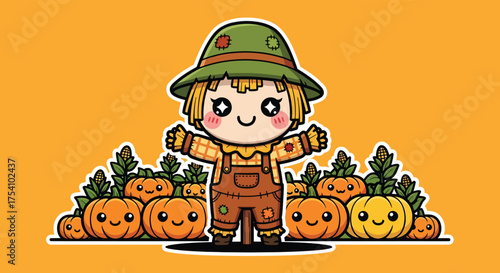 Cute scarecrow stands amidst smiling pumpkins in autumn harvest scene, radiating warmth and festive cheer for the fall season.