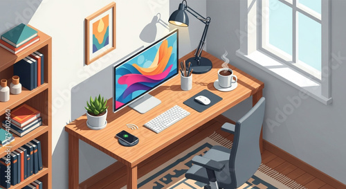 Cozy home office setup with a wooden desk, computer, and coffee cup near the window, creating a comfortable and productive workspace environment
