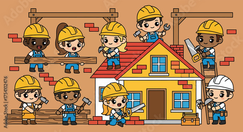 Cartoon construction workers building a house with bricks and wood, showcasing teamwork and construction process in a cheerful style.