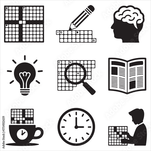 crossword puzzle day vector art icon pack silhoette icon set bandle banner 9 sampol disign black and white backgrount icons pack