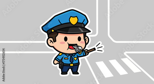Cartoon police officer blows whistle at crosswalk to direct traffic and ensure pedestrian safety in a lighthearted and orderly manner.
