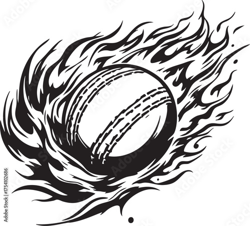 Cricket ball surrounded by flames in black and white, dynamic icon for speed, power, and intensity in sports design