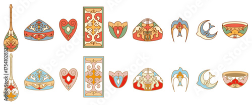Vector set of traditional Kazakh ornaments and symbols - dombra, yurt, skullcap, swallow, carpet, tulip, heart, and ethnic patterns.