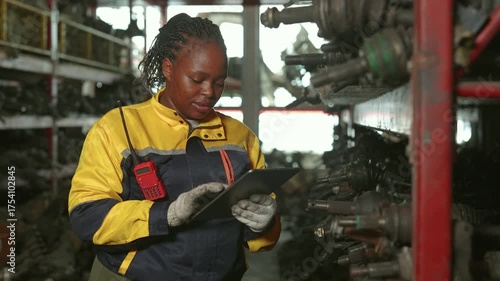 professional black African women engineer worker working in garage auto part warehouse inventory manager