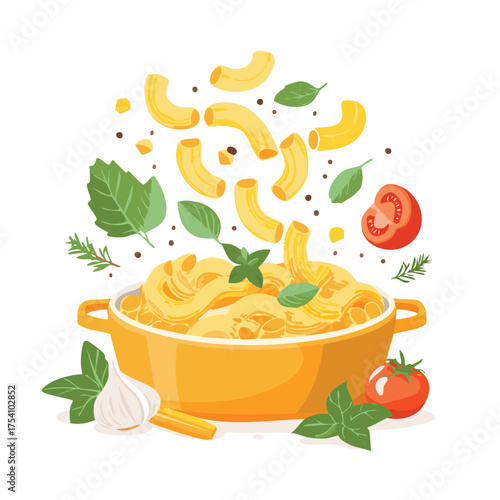 Yellow pasta with fresh ingredients falling into a pot macaroni elbow macaroni
