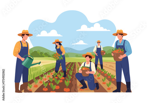 Diverse farmers working together harvesting fresh produce in a bountiful field.