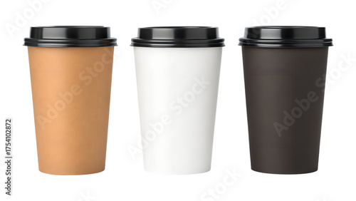 Wallpaper Mural Three different disposable paper coffee cups in brown, white, and black with lids stand isolated on a transparent png background. Torontodigital.ca